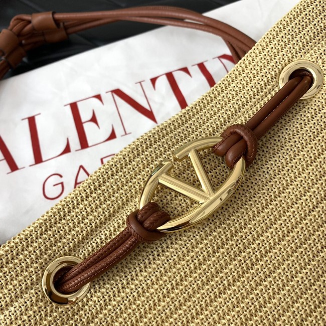 VALENTINO Medium RAFFIA MACRAME Shoulder Bag 0990L Apricot