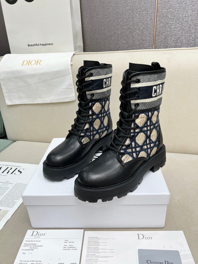 Dior D-Major Ankle Boot Black Calfskin with Deep Blue and Beige Embroidered Cannage Cotton KCI976C