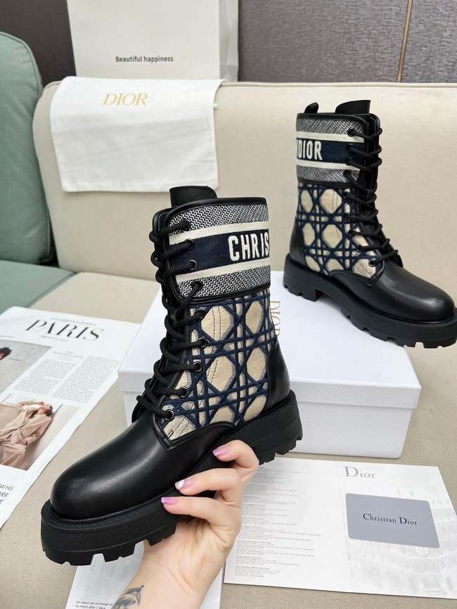 Dior D-Major Ankle Boot Black Calfskin with Deep Blue and Beige Embroidered Cannage Cotton KCI976C