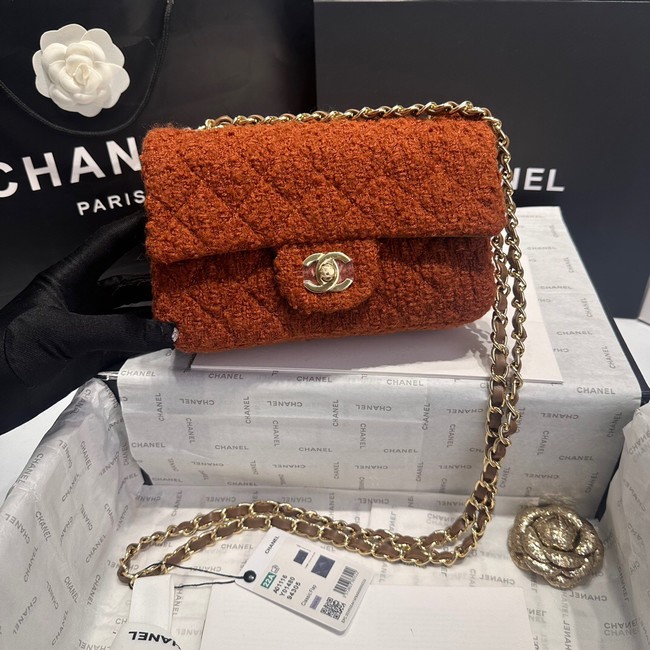 Chanel MINI CLASSIC HANDBAG Wool Tweed & Gold-Tone Metal A69900 Brown