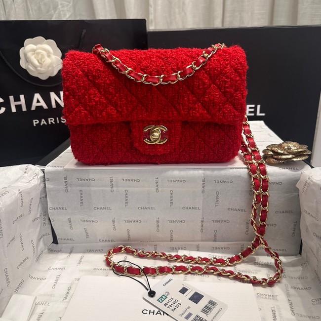 Chanel MINI CLASSIC HANDBAG Wool Tweed & Gold-Tone Metal A69900 red