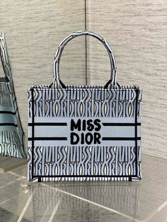 Small Dior Book Tote Pale Blue and Black Miss Dior Allover Embroidery M1265Z