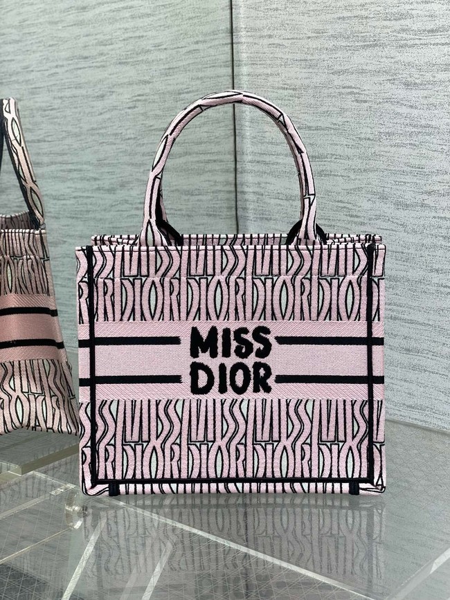 Small Dior Book Tote white and Pale Pink Miss Dior Allover Embroidery M1265Z