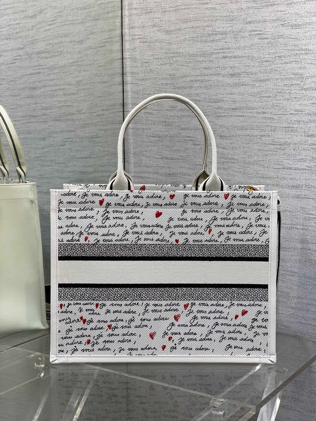 Dioramour Medium Dior Book Tote White Embroidery with Black and Red Je Vous Adore Motif and White Calfskin M1324CZBX