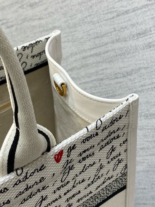 Dioramour Medium Dior Book Tote White Embroidery with Black and Red Je Vous Adore Motif and White Calfskin M1324CZBX