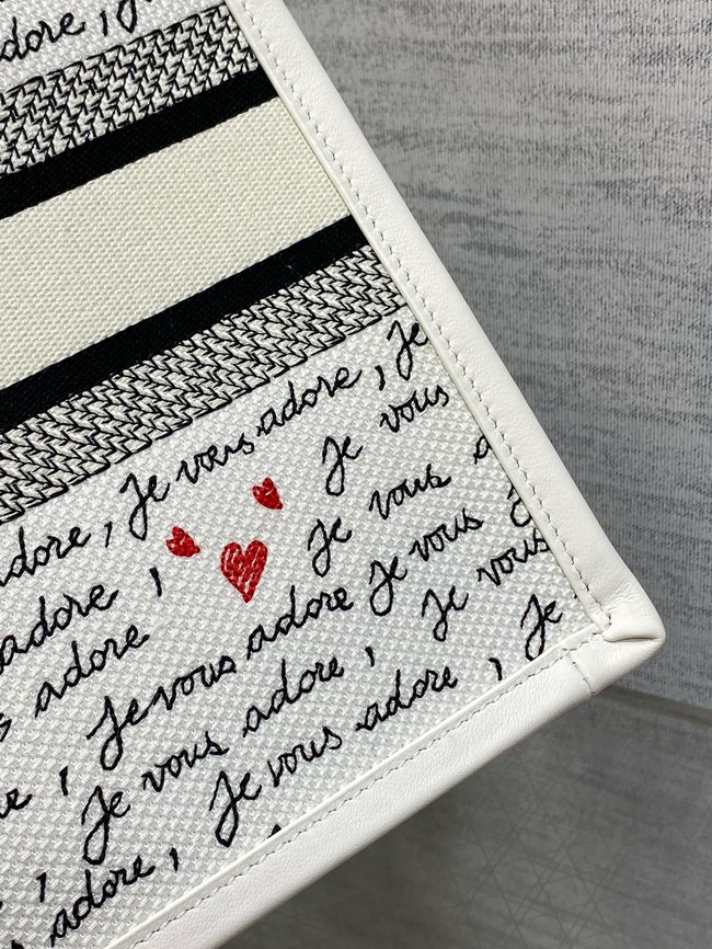 Dioramour Small Dior Book Tote White Embroidery with Black and Red Je Vous Adore Motif and White Calfskin M1325CZBX