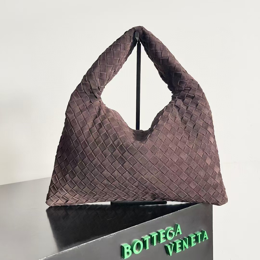 Bottega Veneta Medium Hop intrecciato suede top handle bag 763966 DARK BROWN