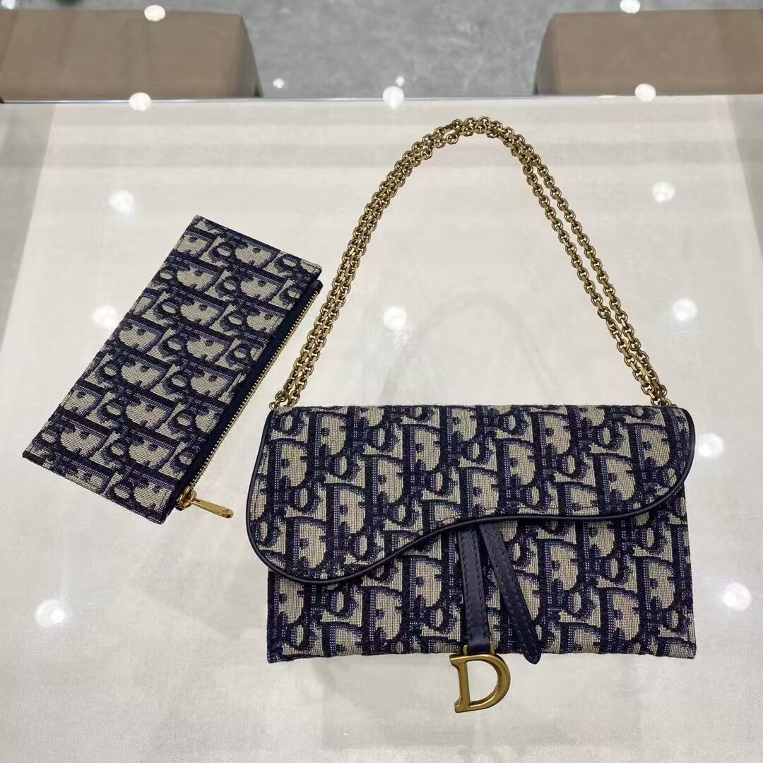 Dior Oblique Jacquard Small Saddle Pouch with Chain S5614CTZQ_M928 Blue