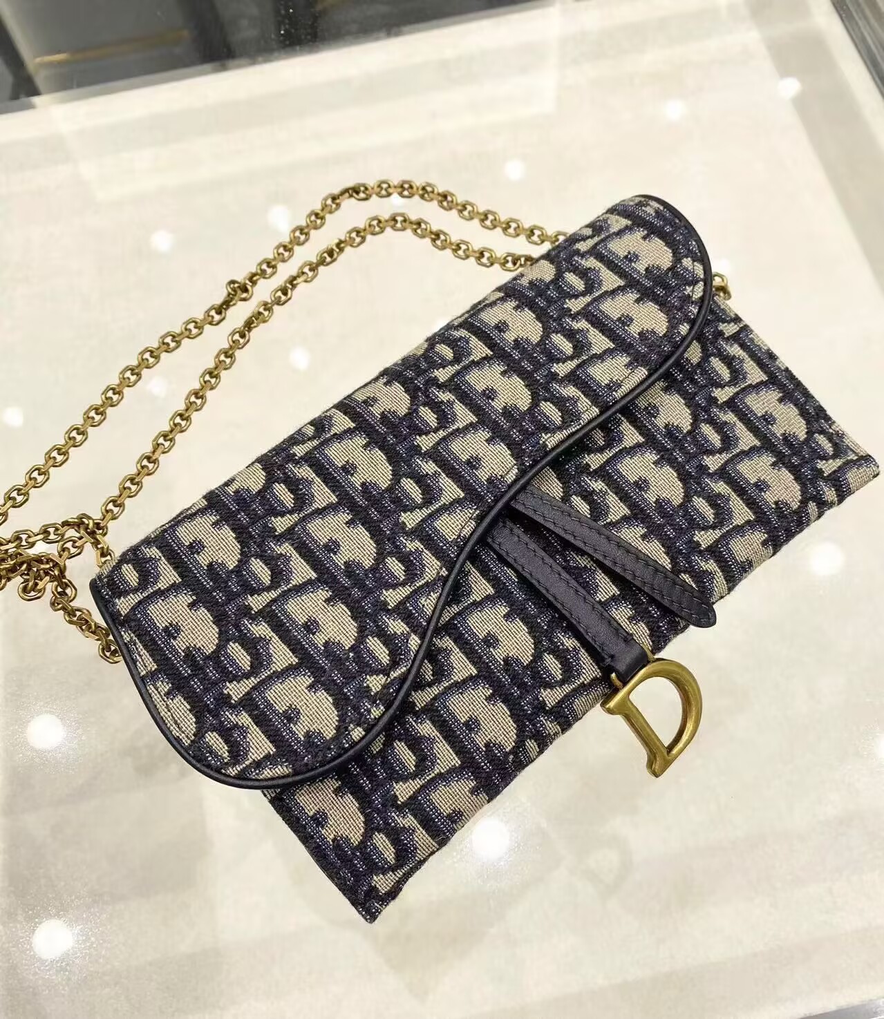 Dior Oblique Jacquard Small Saddle Pouch with Chain S5614CTZQ_M928 Blue