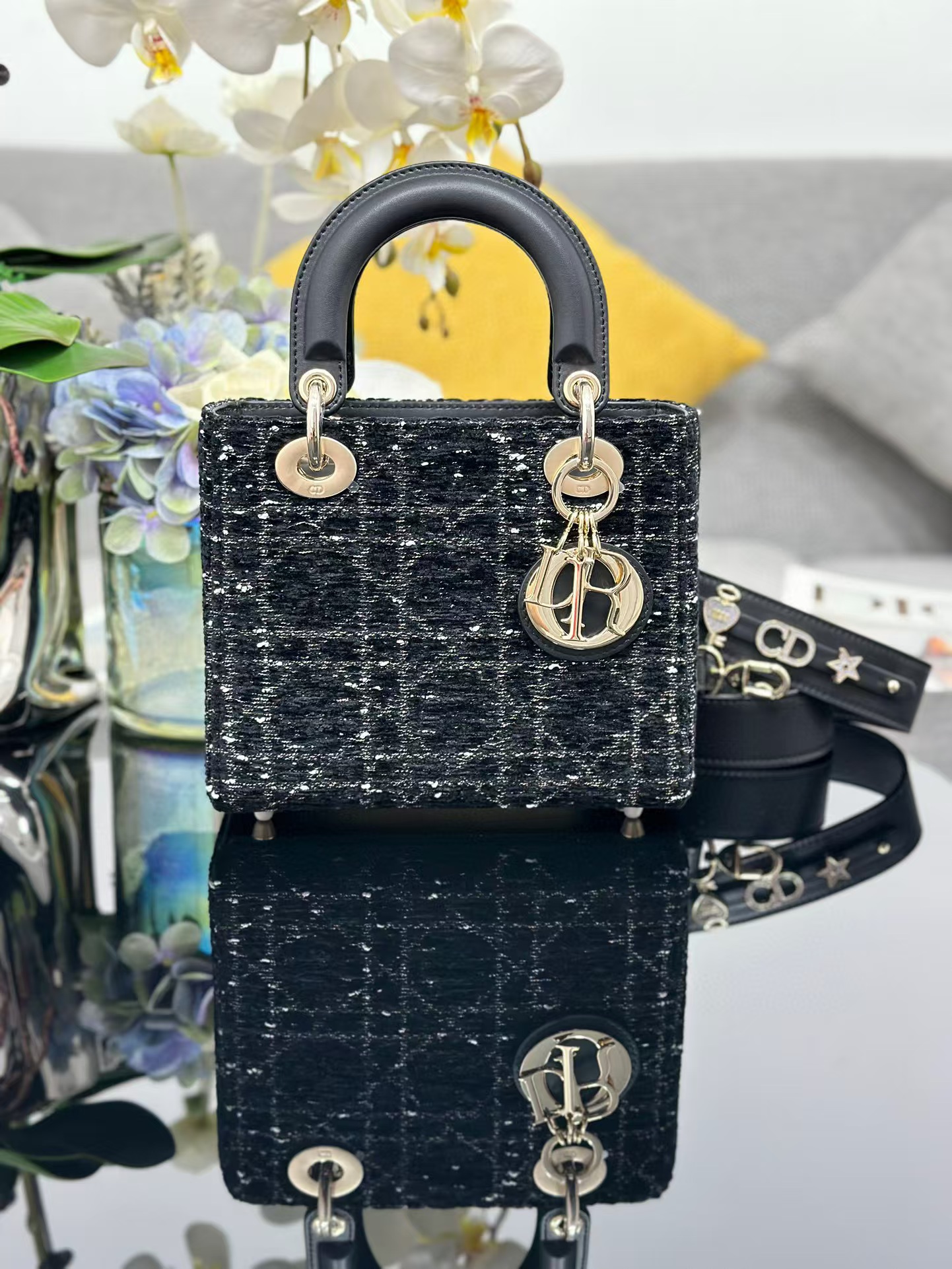 Dior Or small Lady Dior Bag Tweed with Cannage Motif in Gold-Tone Metallic Thread M0505ODIO black