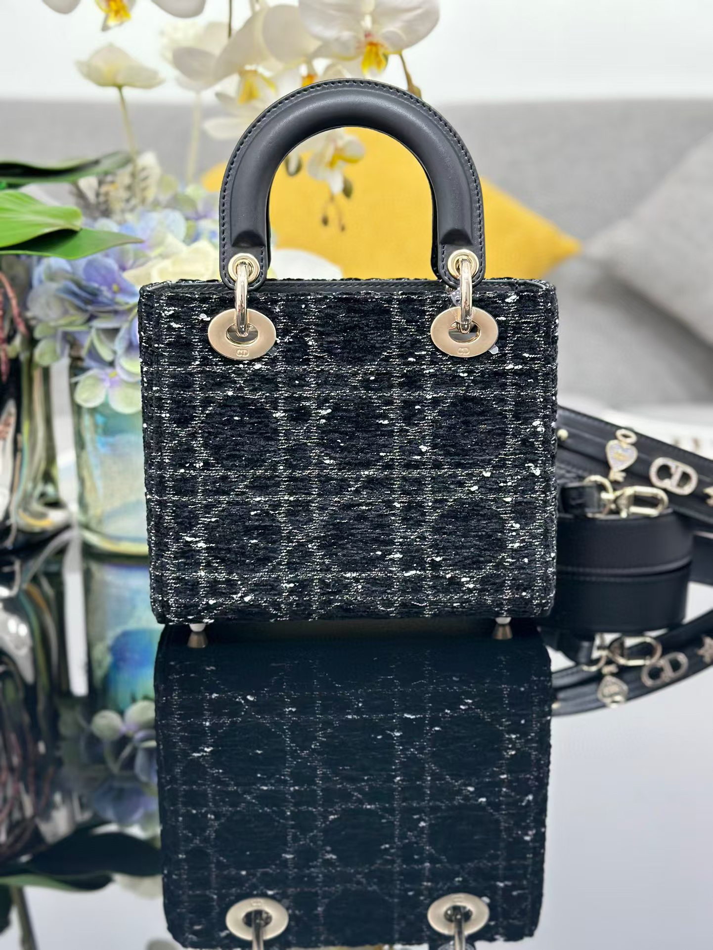 Dior Or small Lady Dior Bag Tweed with Cannage Motif in Gold-Tone Metallic Thread M0505ODIO black