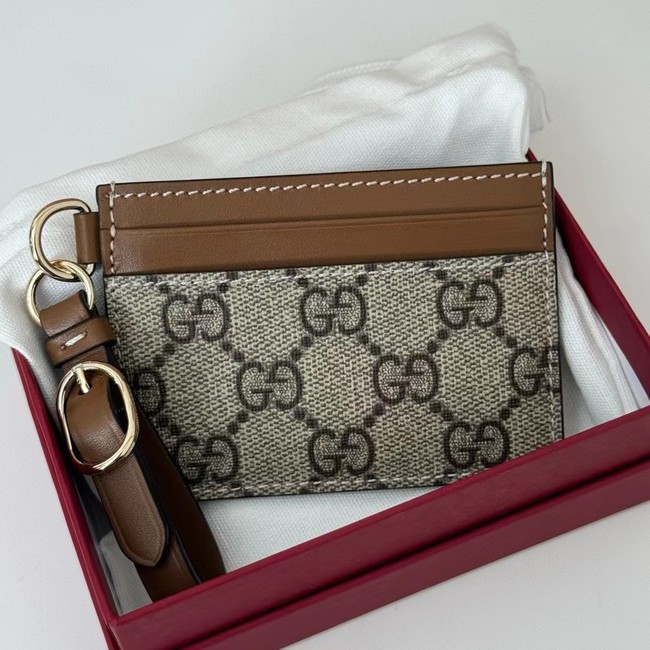 Gucci GG EMBLEM CARD CASE WITH STRAP 819121 Brown