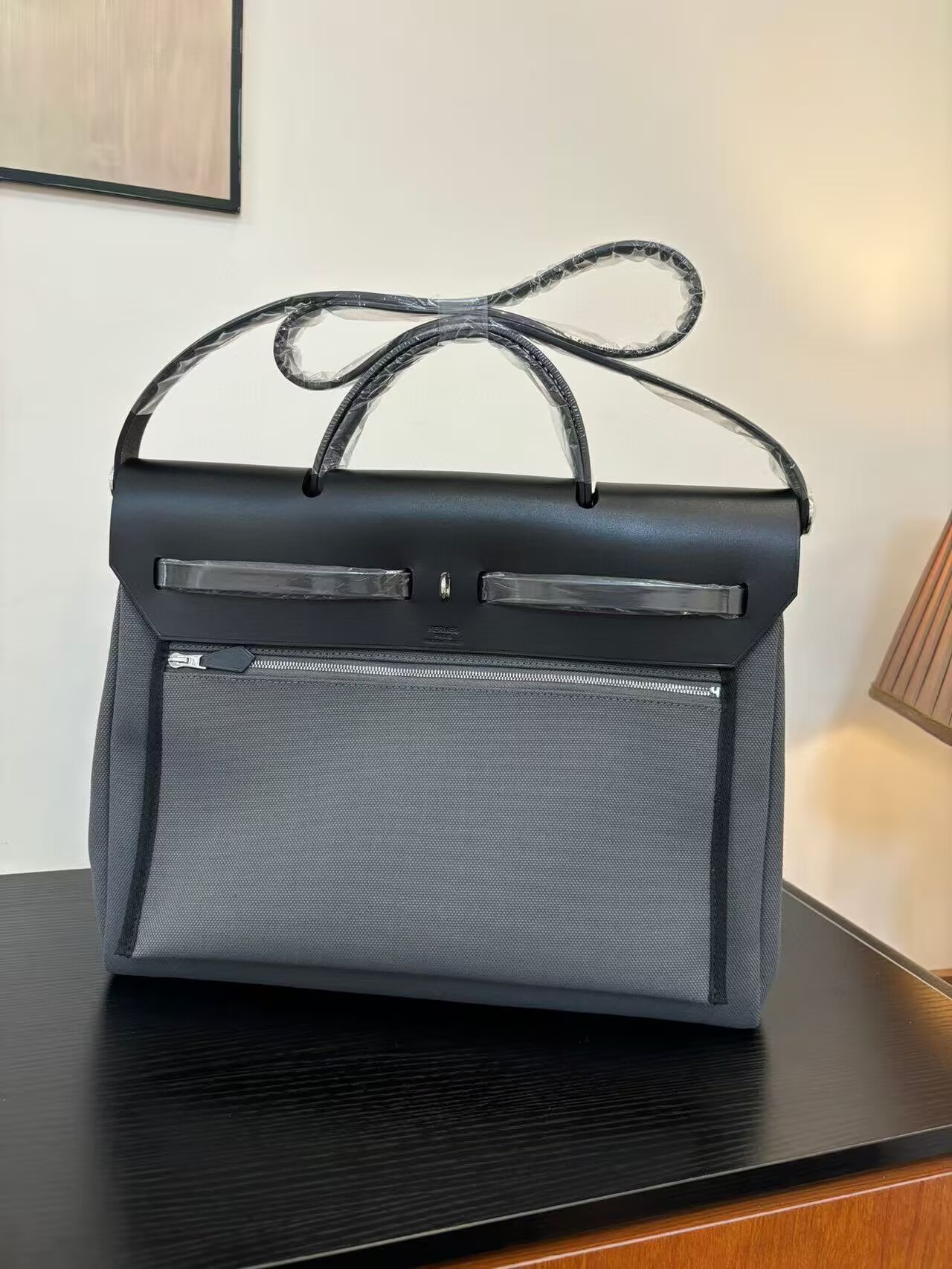 Hermes Herbag 31CM Original Canvas Leather & Calfskin 45987 Gray&Black