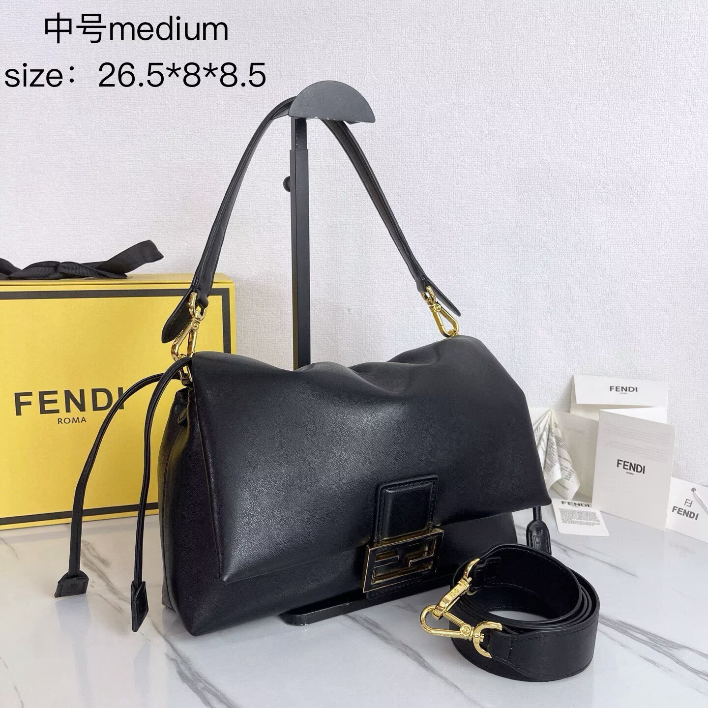 FENDI 2025 Mamma Baguette Original Leather Medium Bag FF8851 Black