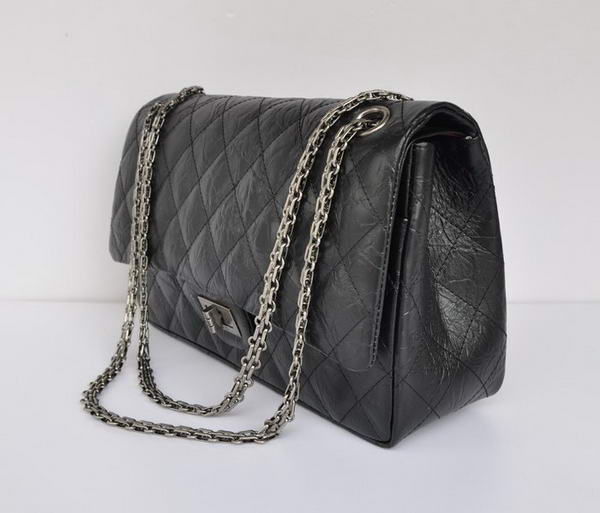 Chanel Classic Falp Bag Black Glazed Crackled Leather A28668 Black Silver