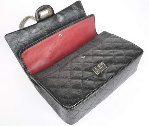 Chanel Classic Falp Bag Black Glazed Crackled Leather A28668 Black Silver