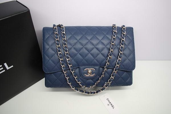 Chanel Maxi Double Flaps Bag A36098 Blue Original Caviar Leather Silver