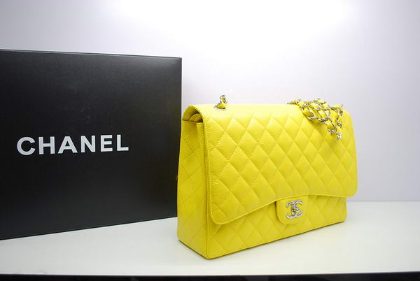 Chanel Maxi Double Flaps Bag A36098 Lemon Original Caviar Leather Silver