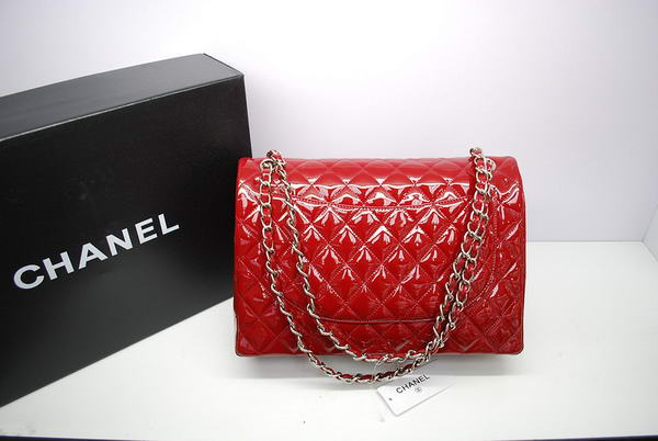 Chanel Maxi Double Flaps Bag A36098 Red Original Patent Leather Silver