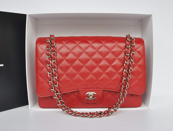 Top Quality Chanel Classic A36070 Red Original Grain Leather Large Flap Bag Silver
