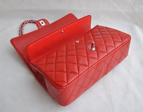 Chanel Classic 2.55 Series Red Lambskin Silver Chain Quilted Flap Bag 1113