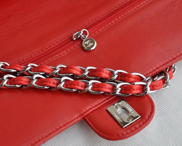 Chanel Classic 2.55 Series Red Lambskin Silver Chain Quilted Flap Bag 1113