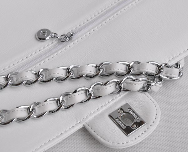 Chanel Classic 2.55 Series White Lambskin Silver Chain Quilted Flap Bag 1113