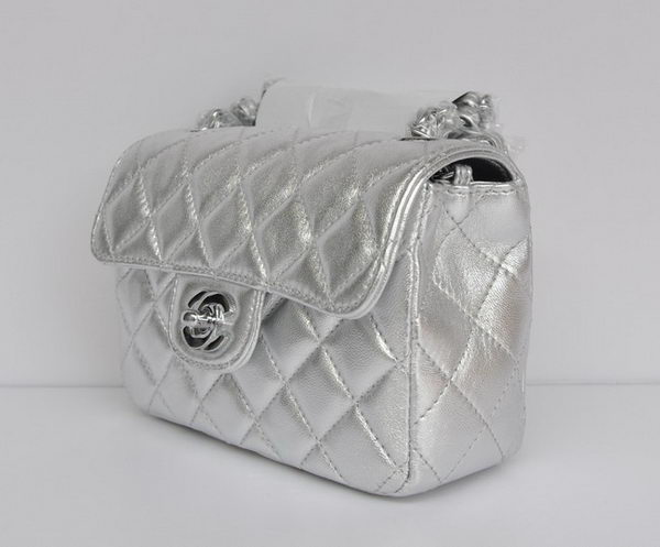 Chanel Classic Light Silver Lambskin Silver Chain Quilted Flap Bag 1115