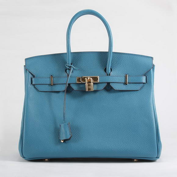 Hermes Birkin 35CM Togo Leather Handbag 6089 Blue Golden