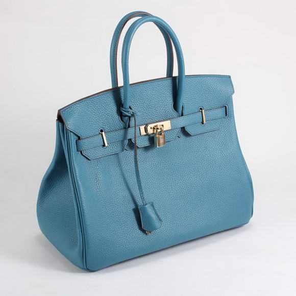 Hermes Birkin 35CM Togo Leather Handbag 6089 Blue Golden