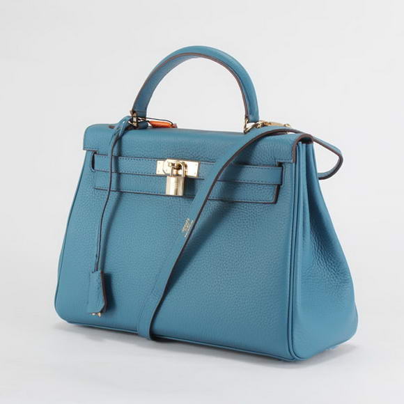 Hermes Kelly 32cm Togo Leather Handbags 6018 Blue Golden