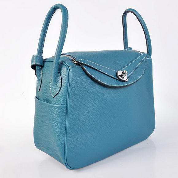 Hermes Lindy 30CM Havanne Handbags 1057 Mid Blue Leather Silver Hardware