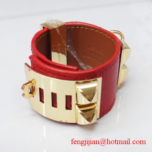 2009 Hermes Red Leather Gold Bangle 1171