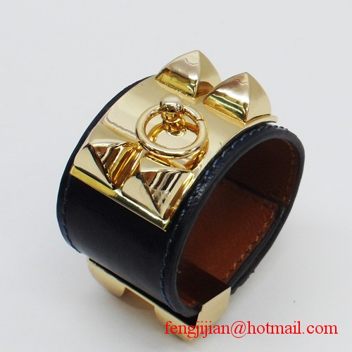 2010 Hermes dark blue Leather Gold Bangle 1171