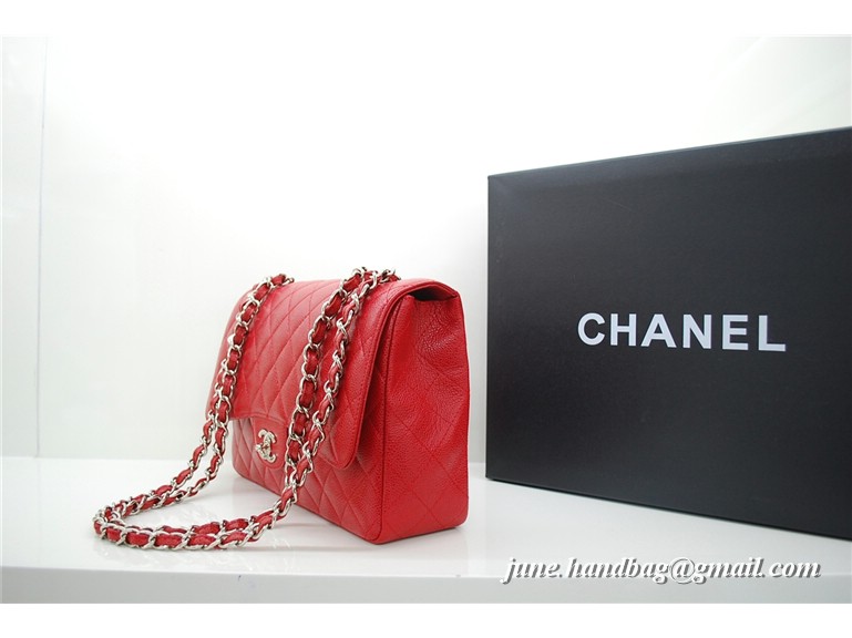 Chanel Jumbo Caviar Flap Bag 36076 Red Silver Chain