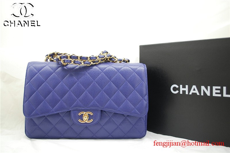 Chanel Jumbo Caviar Flap Bag 36076 Blue Gold Chain