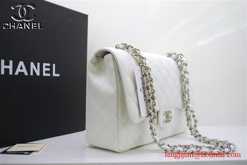 Chanel Jumbo Caviar Flap Bag 36076 White Silver Chain