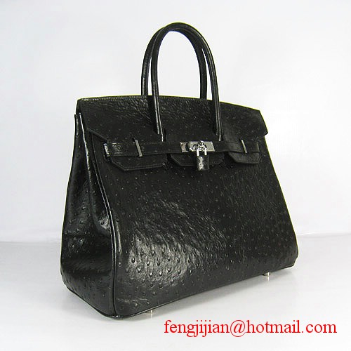 Hermes Birkin 35cm Ostrich Veins Handbag Black 6089 Silver Hardware