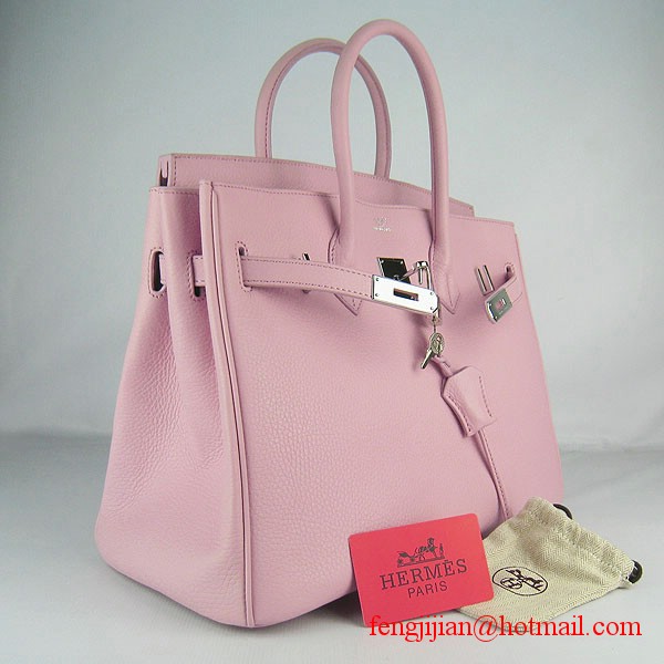 Hermes 35cm Embossed Veins Leather Bag Pink 6089 Silver Hardware