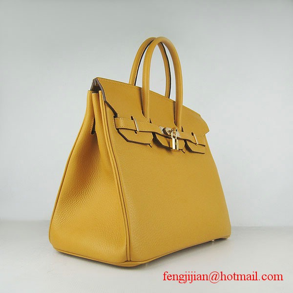 Hermes 35cm Embossed Veins Leather Bag Yellow 6089 Gold Hardware