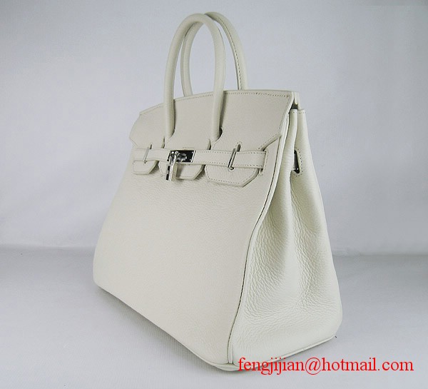 Hermes 35cm Embossed Veins Leather Bag Beige 6089 Silver Hardware