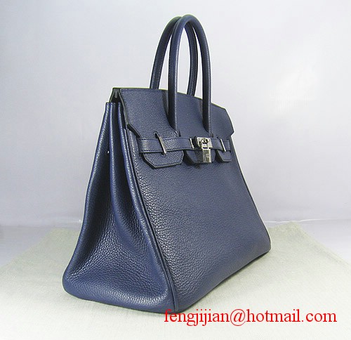 Hermes Birkin 35cm Embossed Veins Leather Bag Dark Blue 6089 Silver Hardware