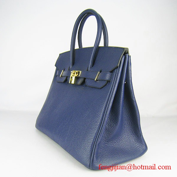 Hermes Birkin 35cm Embossed Veins Leather Bag Dark Blue 6089 Gold Hardware