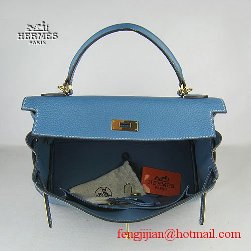 Hermes Kelly 32cm Togo Leather Bag Blue 6108 Gold Hardware