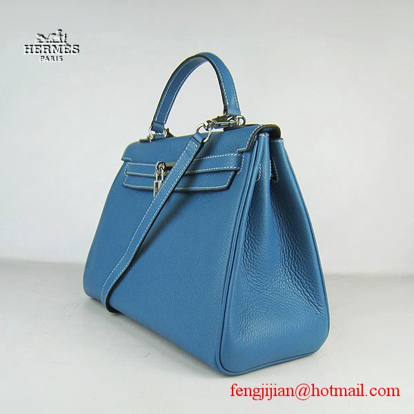 Hermes Kelly 32cm Togo Leather Bag Blue 6108 Silver Hardware