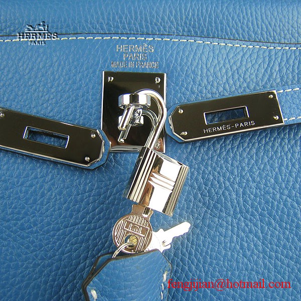 Hermes Kelly 32cm Togo Leather Bag Blue 6108 Silver Hardware